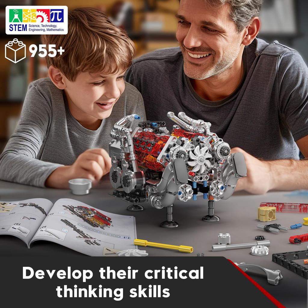 Mould King 10163 Technology W16 Engine Block 955 Pieces Engine Block Set Gifts for Boys and Girls Toy, (Red)