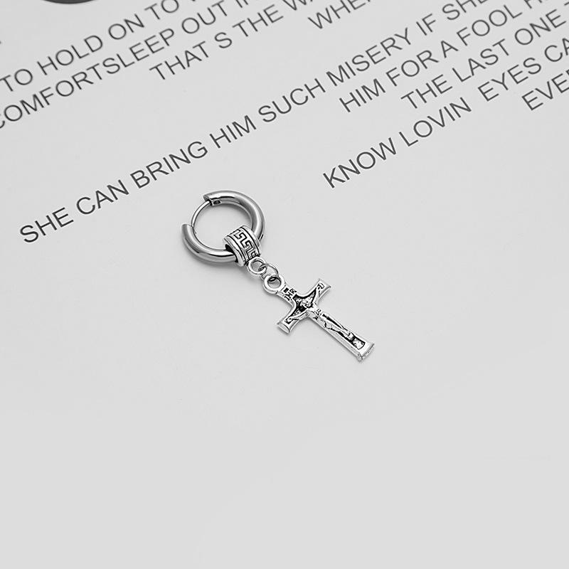 Same Stainless Steel Chain Fringed Earrings Hip Hop Punk Skull Tip Cone Cross Stud Earrings