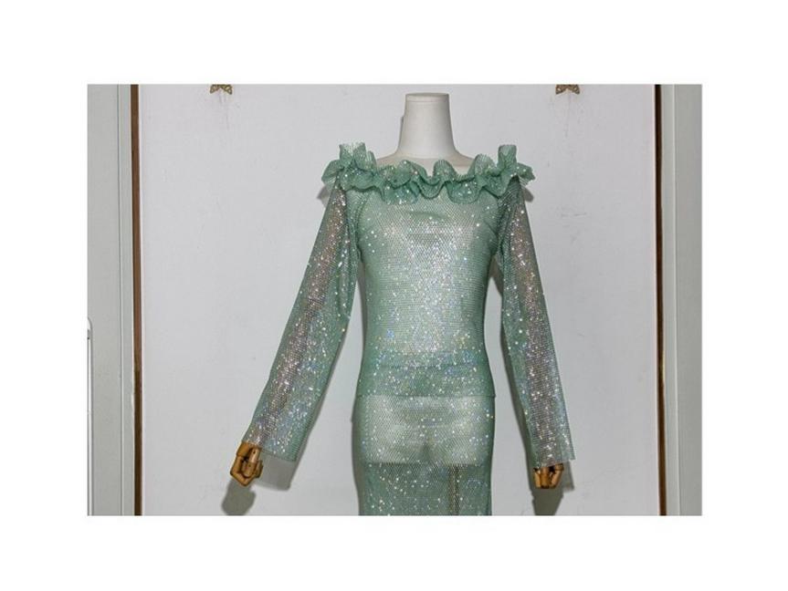 Yanni Lake Blue Rhinestone Tassel Bodycon Dress with Slimming Midi Skirt & Long Sleeve Top