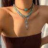 Salircon 3pcs Set Vintage Ethnic Style Bull Head Pendant Necklace for Women Exquisite Green Stone Beads Clavicle Chain Jewelry