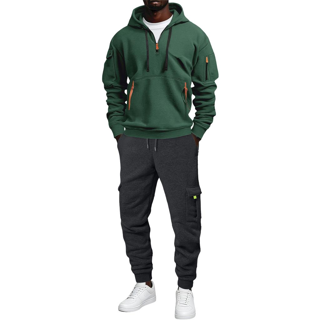 Men's Loose Fit Color Hoodie and Cargo Pants Set with Pockets for Sports and Casual Wear