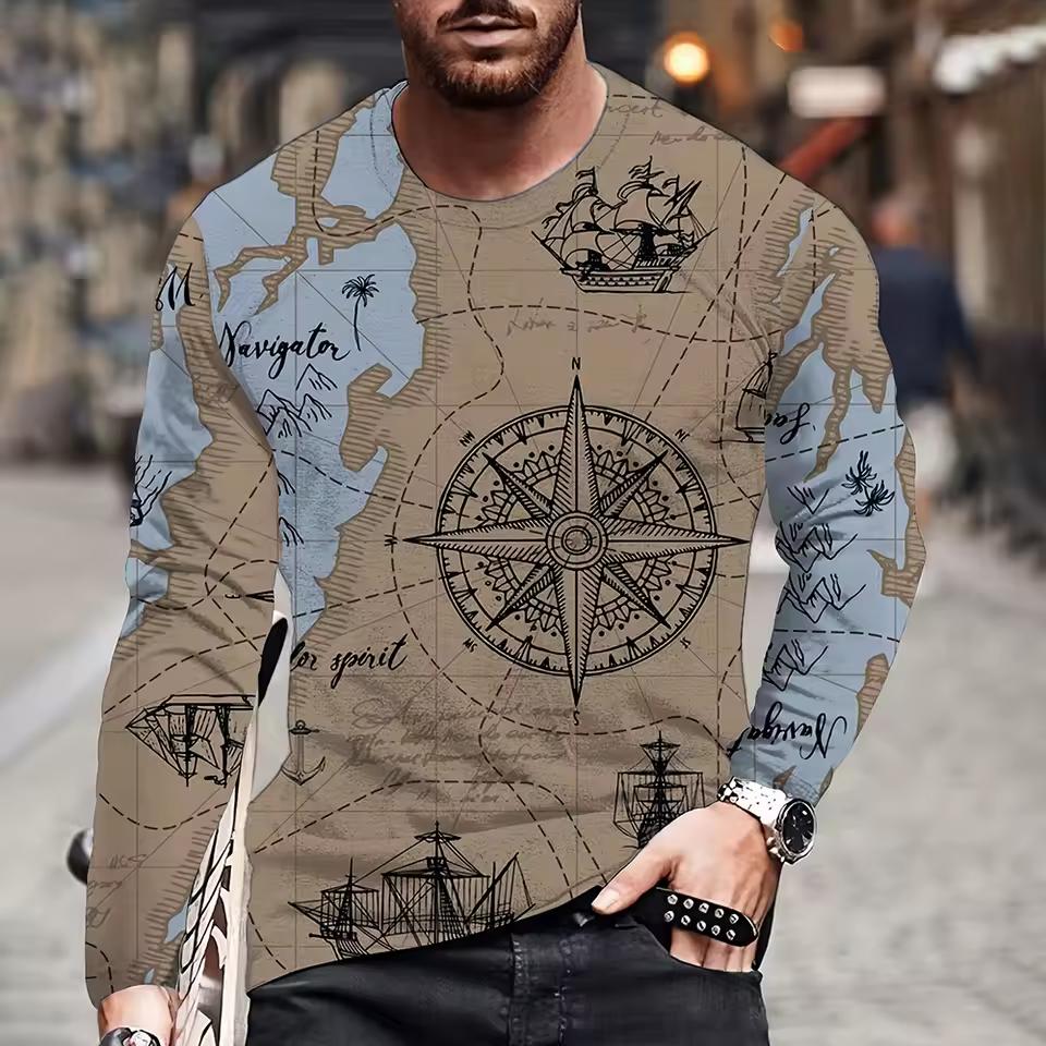 Vintage Men's Long Sleeves T Shirt Fashion Cross Pattern Long Sleeve 3D Clothing Nautical Map Print Street Harajuku Oversized