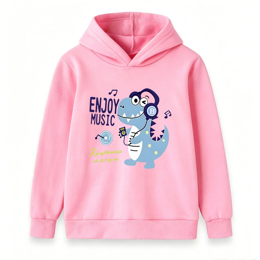 Kids Boys Girls Cute Cartoon Dinosaur Enjoy Music Pattern Pullover Hoodie Casual Soft Long Sleeve Hooded Sweatshirt For Toddler Children Daily