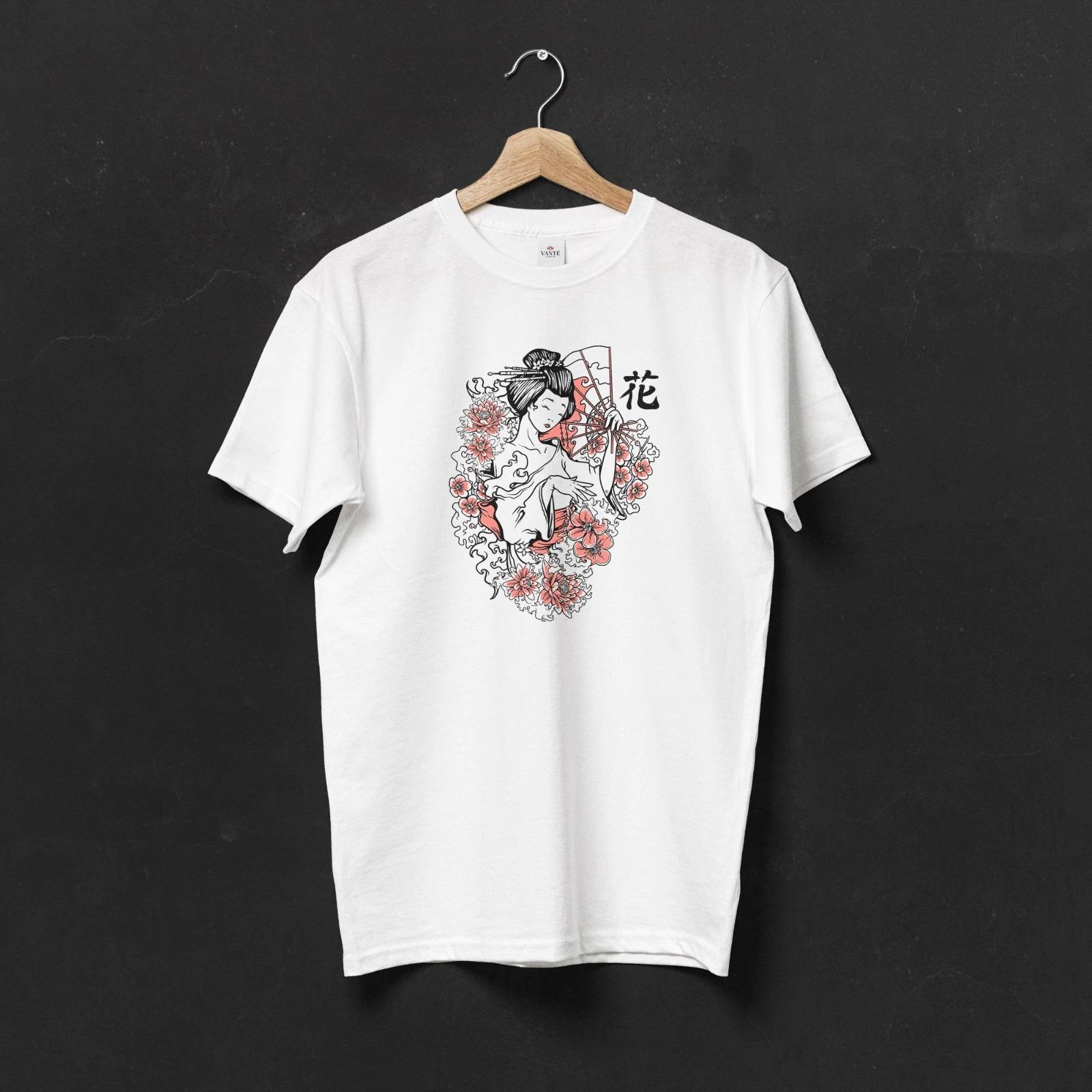 Japanese Geisha Art T-Shirt, Lotus and Cherry Blossom Graphic Tee 2XL