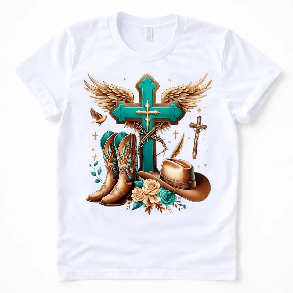 Western Cross Graphic T Shirt Trendy Western Style Tee Women Gifts White M