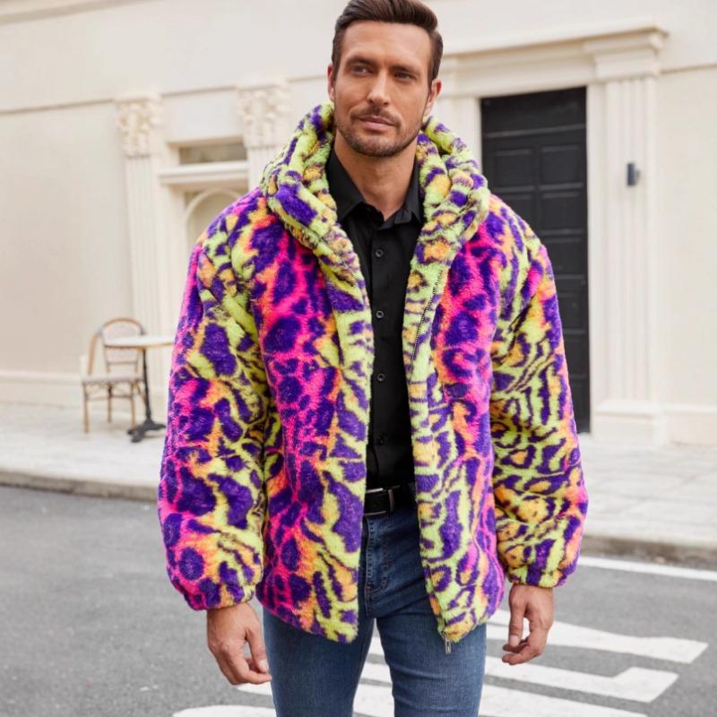 Mens Colorful Leopard Print Faux Fur Hooded Jacket Zip Up Winter Warm Coat S фиолетовый