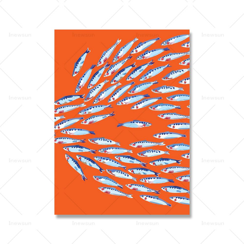 Fish Shaul Nautical Orange Wall Art Canvas Painting Sunshine Rainbow Wave Posters And Prints Wall Pictures For Living Room Decor