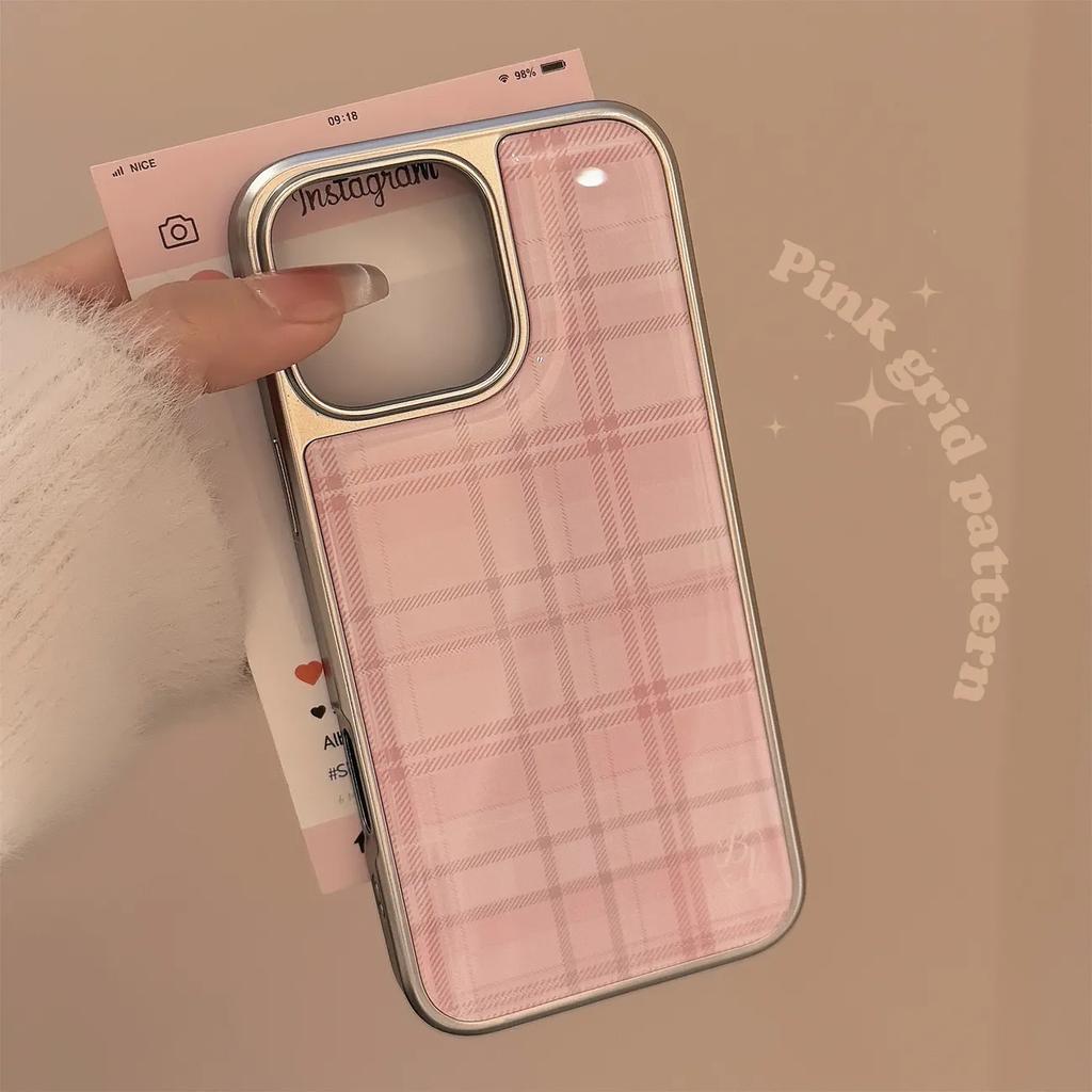 Korean Pink Grid Electroplating Drip Glue Phone Case For Samsung Case S23 24 25 26 Fe Plus Ultra Edge Phone Y2k Cover Ins