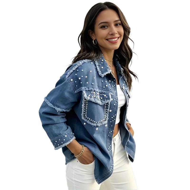 Beaded Long Lapel Oversize Blue Denim Jacket for Women