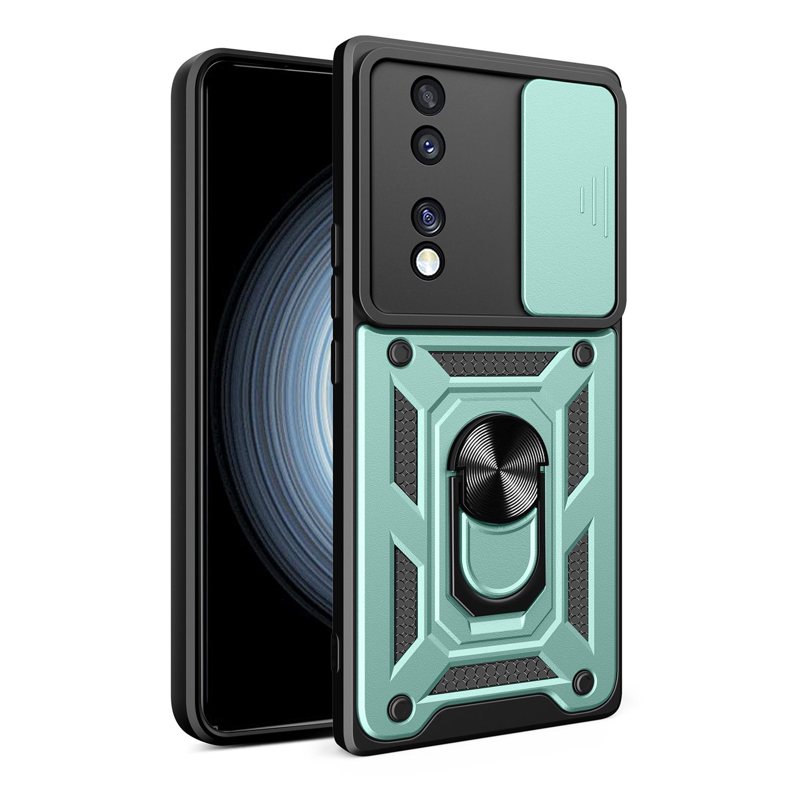 

For Honor 70 5G Phone Kickstand Case Slide Camera Lens Protection PC+TPU Cover Green