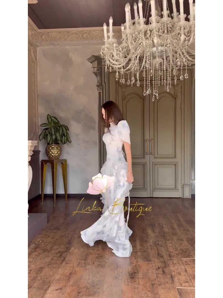 Women's 2025 Spring Retro Elegant Short Sleeve Waist-Cinching Long Dress