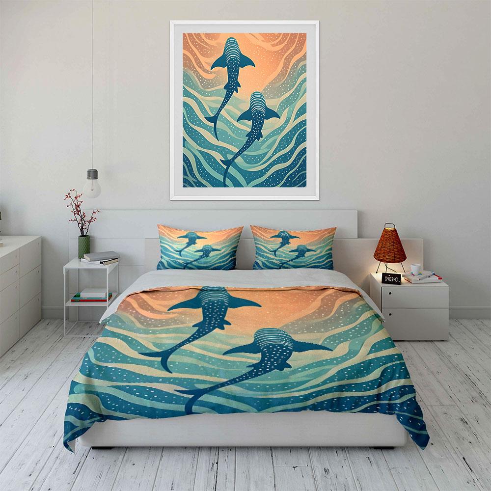 Walhaie schwimmen im blauen Ozean Bettwäsche-Set für Kinder Luxuriöses Geschenk 3-teiliges Digitaldruck-Bettdecken-Set Weich Bequem
