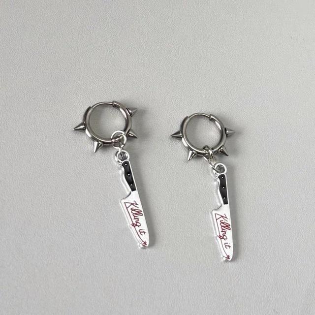 

Ins Knife Shape Vintage Dangle Clip-On Earrings Punk Gothic Style Silver Drop Earrings Trendy Y2K Jewelry for Women & Girls