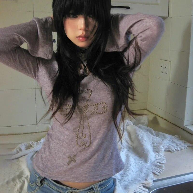 2KWEIRD Japanese Y2k Knitted Tops Grunge Aesthetics Flare Sleeve T-shirts Vintage Harajuku Purple Knitwear American Retro 2000s