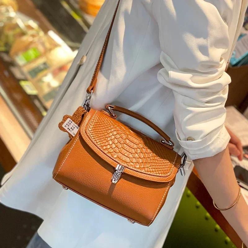 Female Cowhide Versatile Handbag Women Cow Real Leather Crossbody Bag Ladies Retro Fashi Temperament Square Shoulder Bag Purse