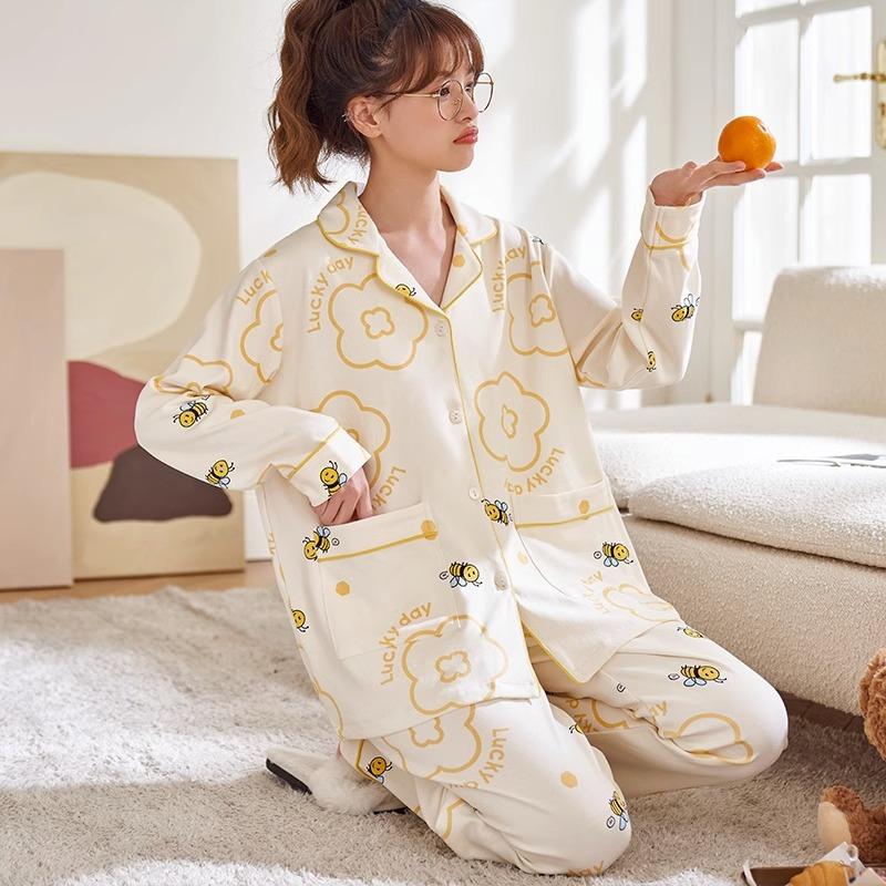 Pajamas women's spring and autumn imitation cotton high value fresh and sweet love women's long-sleeved trousers set loose loungewear