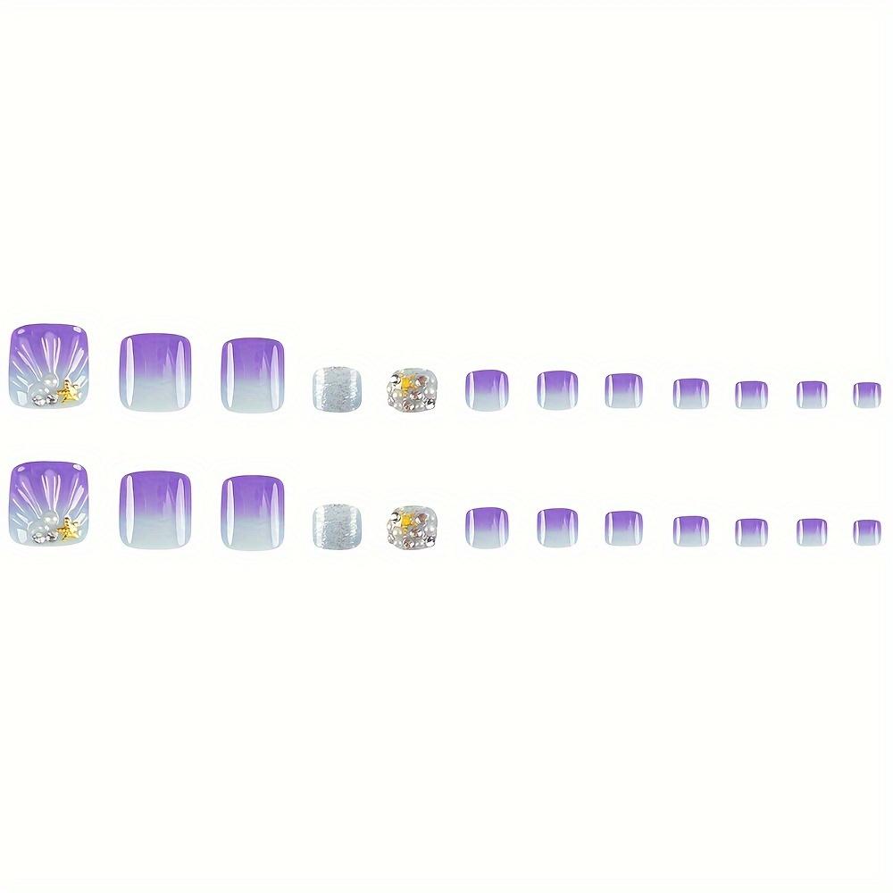 24pcs Chic Purple Gradient Press-On Toenails Set With Glitter, 3D Pearl & Starfish Rhinestones - Short Square Fake Nails For Women And Girls