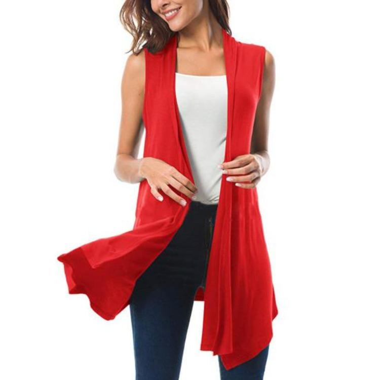 Sommer Damen Ärmellose Leichte Strickjacke Weste Einfarbig Offen Vorne Drapierter Mittellanger Asymmetrischer Saum Weste Mantel