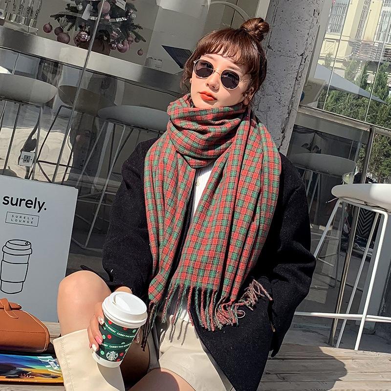 Christmas Scarf Women's 2025 New Winter Plaid Scarf Thickened Tassel Imitation Cashmere Scarf Cold-proof and Warm Shawl