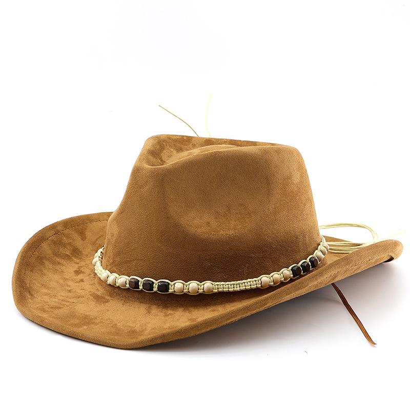 Suede upturned eaves retro top hat men and women outdoor travel hat jazz hat wooden beads ethnic style denim