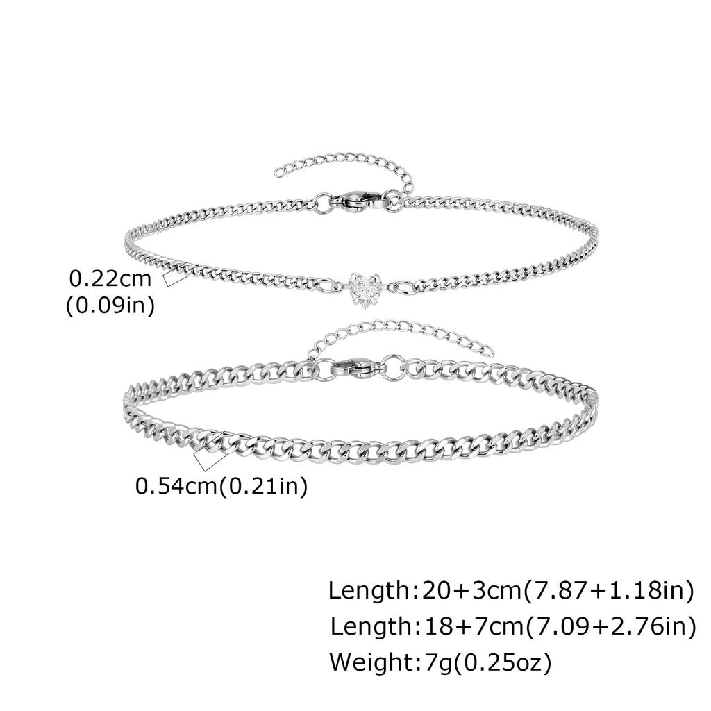 2Pcs Simple Stainless Steel Bracelet Set for Women Men, Zircon Heart Charms Couple Bracelets, Fashion Jewelry for Lover Gift