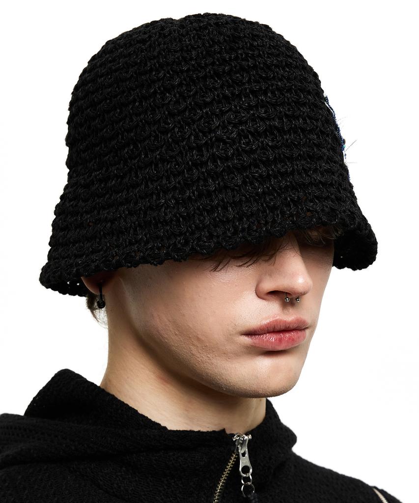 Aleseueseussi Rivet Patched Knit Bucket Hat - Black
