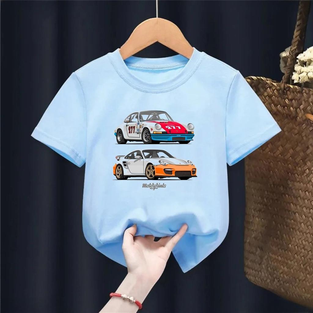 New Fun Car Cartoon Printed Summer Casual Cotton Boys and Girls High Quality Short Sleeve Top Tshirt