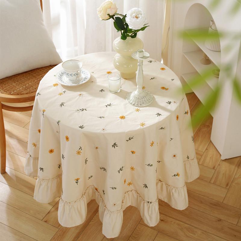 Cotton Cream Embroidery Flower Lotus Leaf Skirt Coffee Table Tablecloth Round Dining Table Cloth