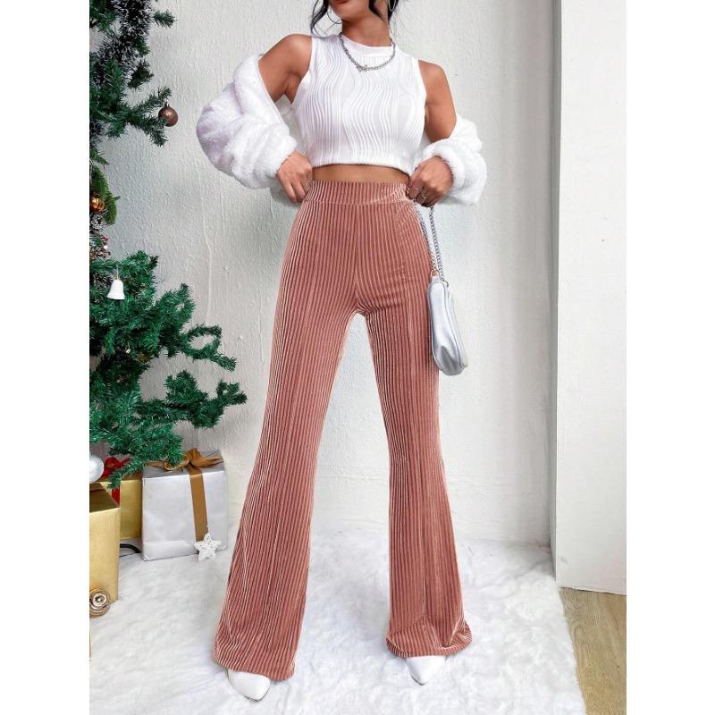 Autumn and Winter Women's Plus Size High Waist Corduroy Flared Pants Solid Color Casual Wide Leg Long Sweatpants