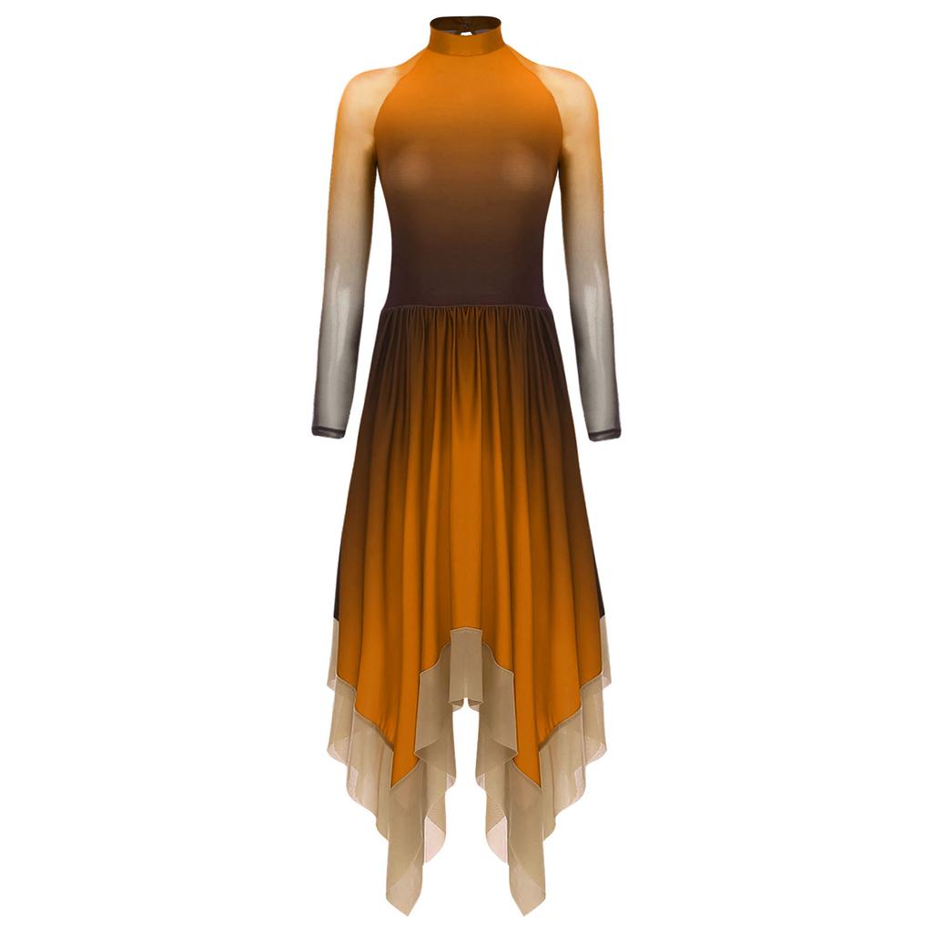 Womens Lyrical Dance Gradient Dress Mesh Long Sleeve Irregular Hem Back Keyhole Leotard Figure Skating Modern Costume