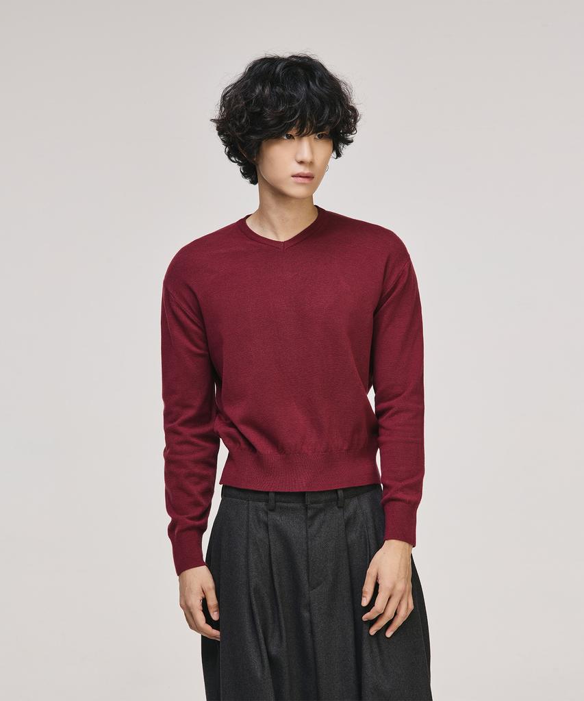 SIGNATURE Crop V-Neck Knit [Wine]