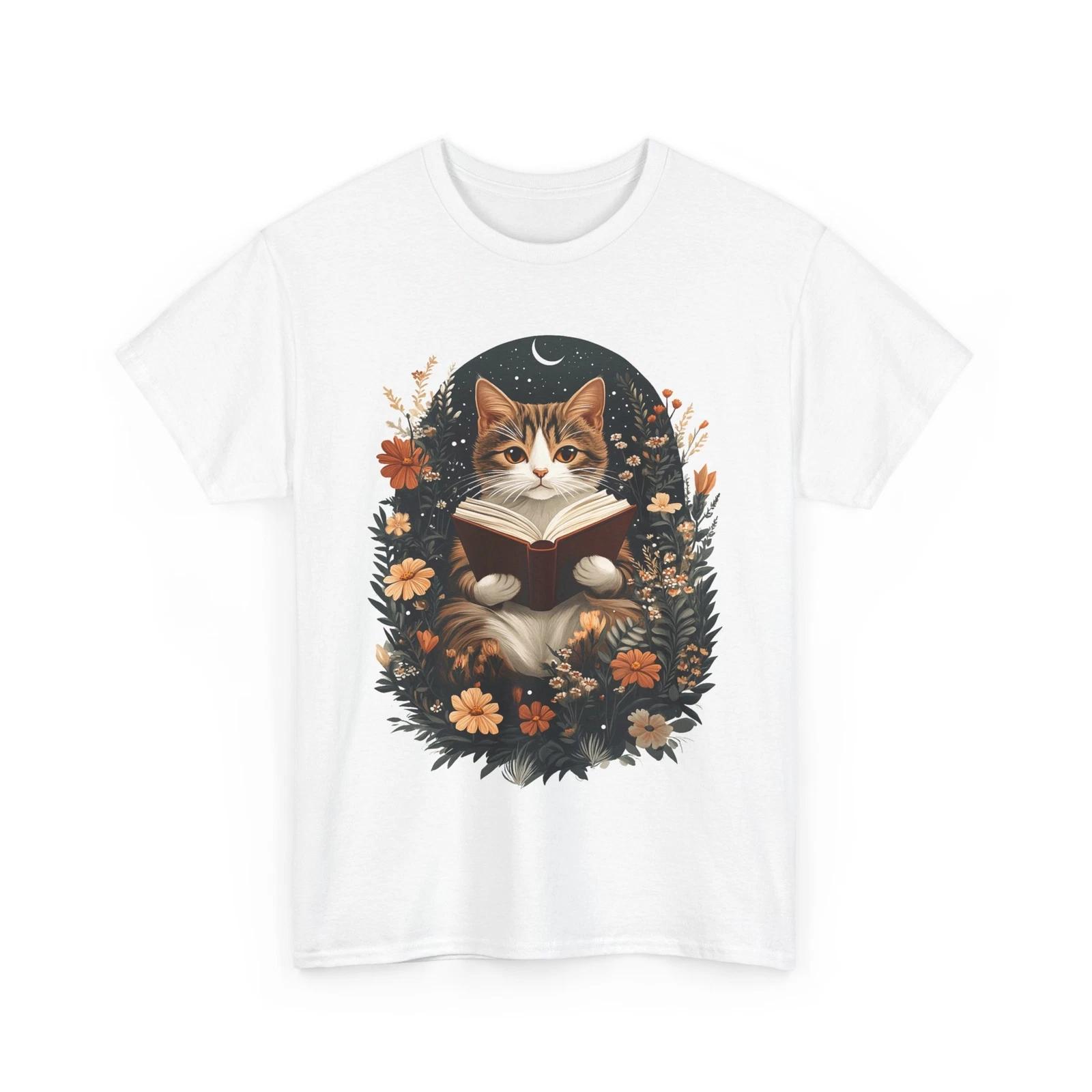 Book Lover T-Shirt | Funny Reading Shirt | Cat Reading a Book Boho T-Shirt 4XL