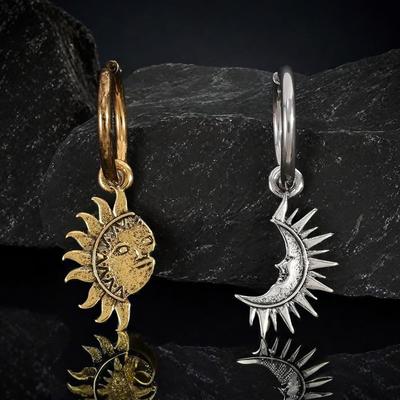 Vintage Sun & Moon Alloy Pendant Dangle Earrings Hoops Asymmetric Punk Hip Hop Gothic Jewelry Gifts For Women Men
