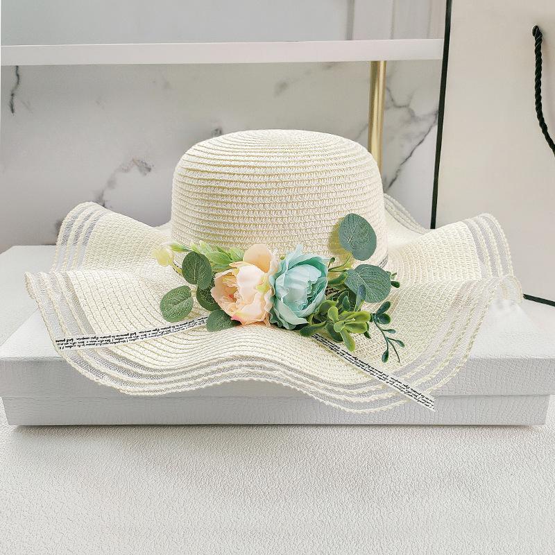 Fashionable Adult Simulation Flower Wave Straw Weaving Sun Protection Straw Hat Summer Versatile Seaside Big Brim Beach Sun Hat