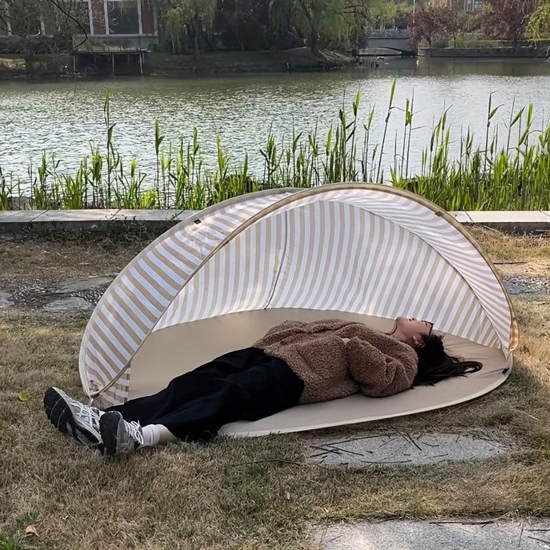 Quickly Set Up Beach Tent Sunshade for 2 People - Portable No Assembly of Striped Beige and White Sunshade