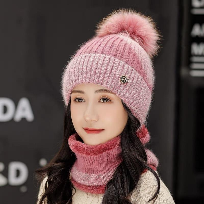 Damen-Wintermütze, warm halten, Mütze und Pelzgefüttert hinzufügen, Mütze und Schal-Set, warme Mützen für Damen, lässig, Kaninchenfell, Winter-Strickmütze