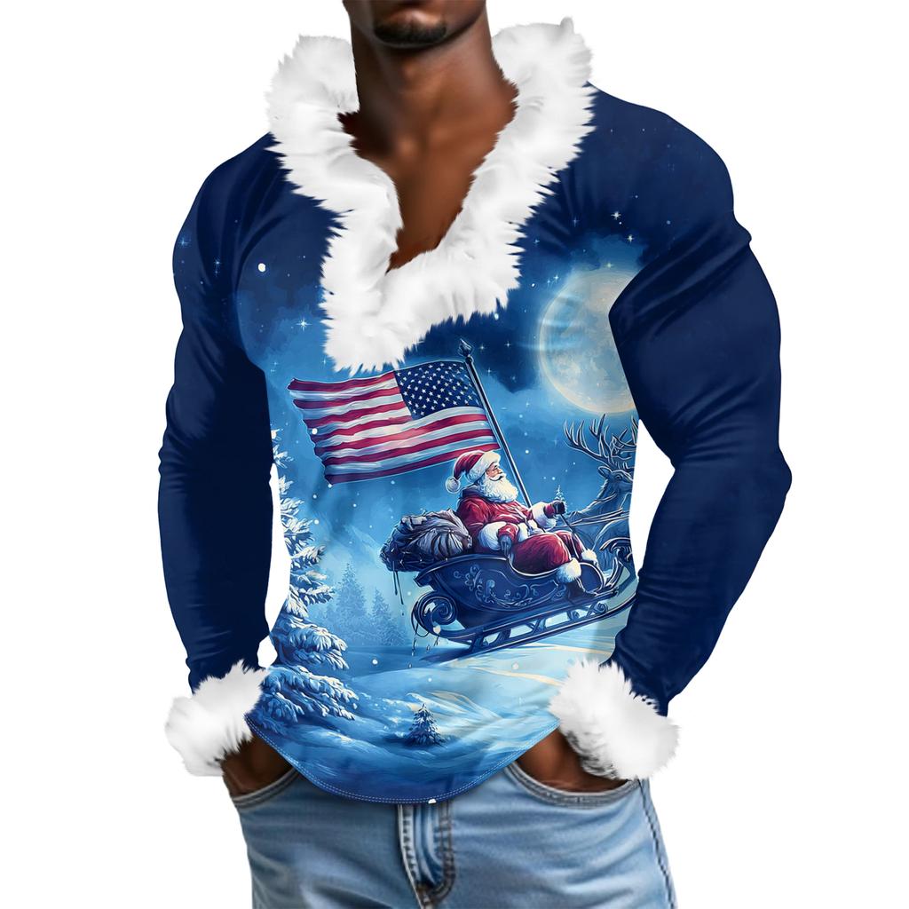 Herren Lässiges Weihnachten Bedrucktes Plüsch V-Ausschnitt und Fleece Langarm-Sweatshirt