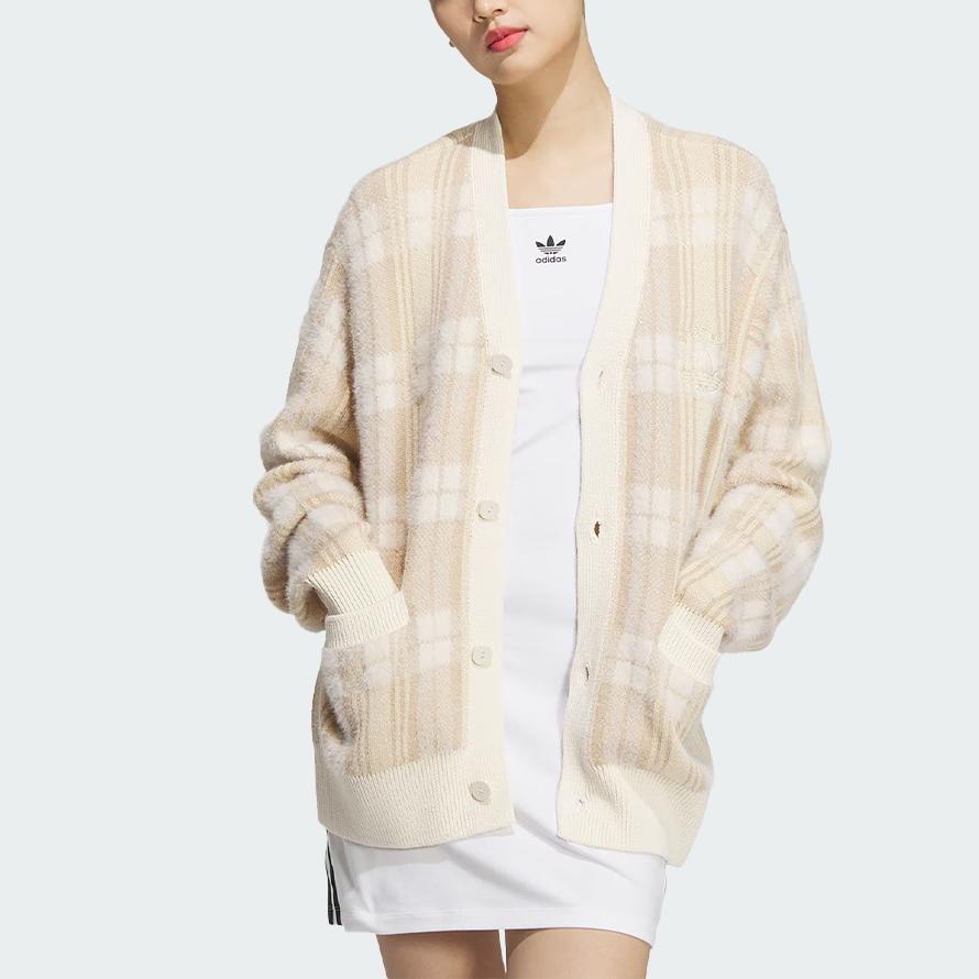 Adidas Originální kardigan Spo Pletený Ležérní Pohodlný Volný Svetr s výstřihem do V Unisex Svetr Bílý JC6846