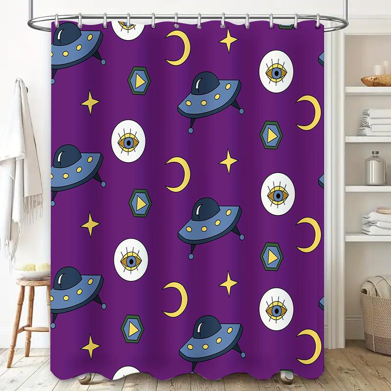 Ufo Shower Curtain Space Pattern Purple Bath Mat Decorative Waterproof Fabric Shower Curtains For Home Bathroom