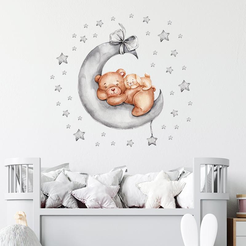 Cartoon Sleepy Bear with Stars and Moon Wall Stickers, Self-Adhesive Decor for Kids Room Background Decoration