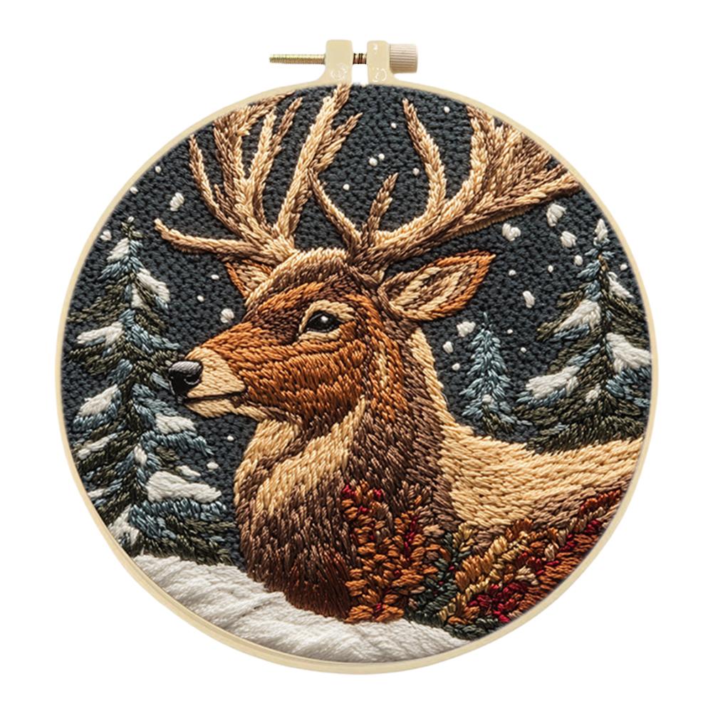 Elk In Forest Stamped Cross Stitch Embroidery Kits with Hoop Cloth Color Thread