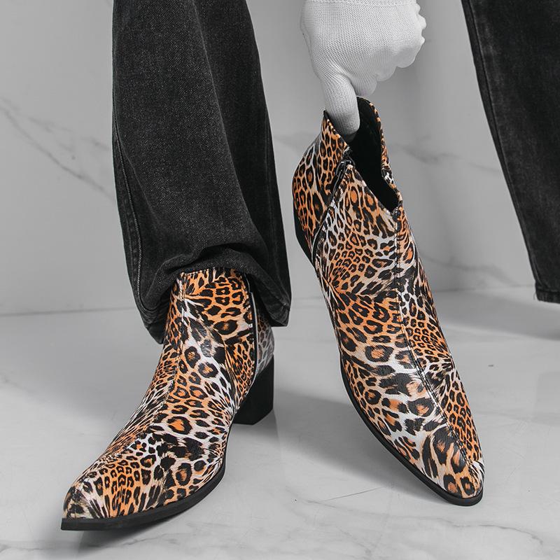Large size leopard print Chelsea boots autumn and winter new short boots high top boots medium top leather shoes