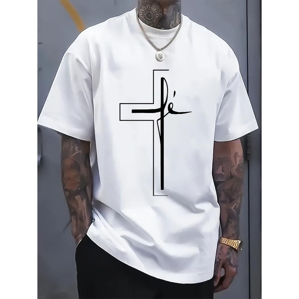 European Sizes Men's Casual Short Sleeve T-Shirt | Breathable Round Neck White Cross Print Black Religious Pattern Top, Spring Summer Autumn Outdoor