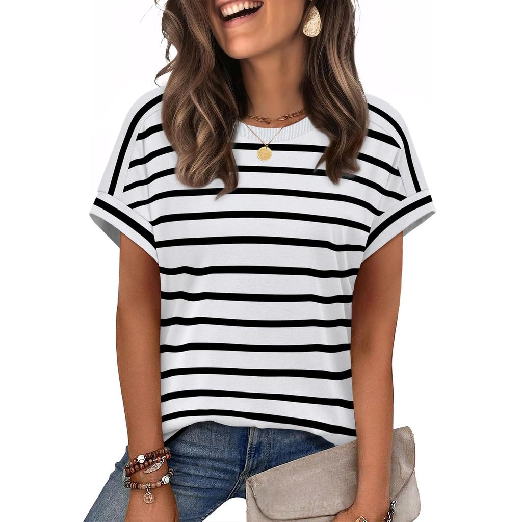 Women's Casual Short Sleeve Striped T Shirt Crew Neck Loose Fit Lightweight Summer Top for Everyday Wear