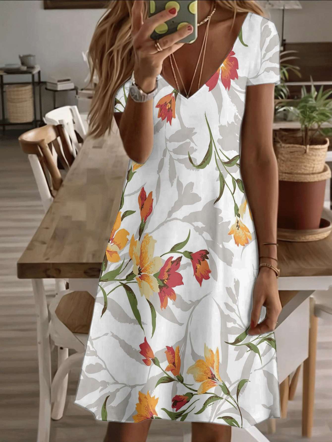 

Vneck shortsleeve midi dress sunflower floral print pattern 3D premium printing durable casual fashion summer women elegant daily outfit beach wear co XS дубильная кора