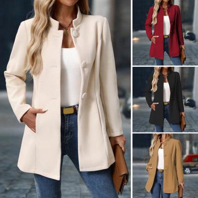 Kadın Yün Karışımlı Bezelye Kaban Tek Düğmeli Kısa Trençkot Dik Yaka Blazer Ceket Sonbahar Kış Şık Dış Giyim