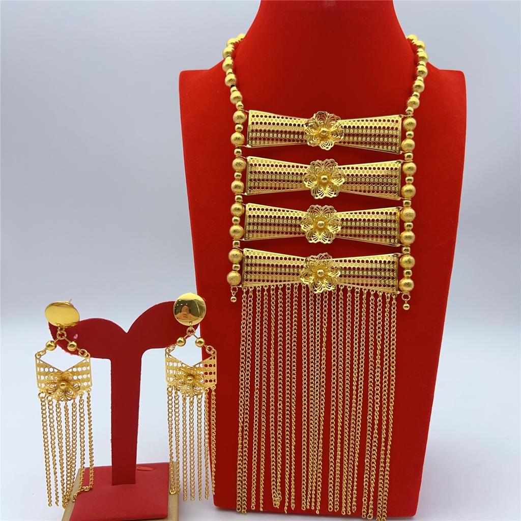 Indian 24K Gold Plated Big Necklace Earrings Jewelry Set For Women African Dubai Nigeria Bridal Wedding Party Gift Jewellery