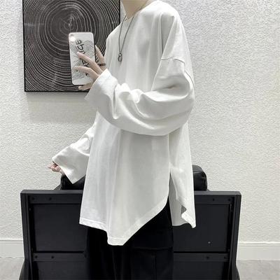 Spring Summer Solid Color Tops Oversized Streetwear Irregular Loose Long Sleeve Men Tshirt Split Fork Fashion Menswear