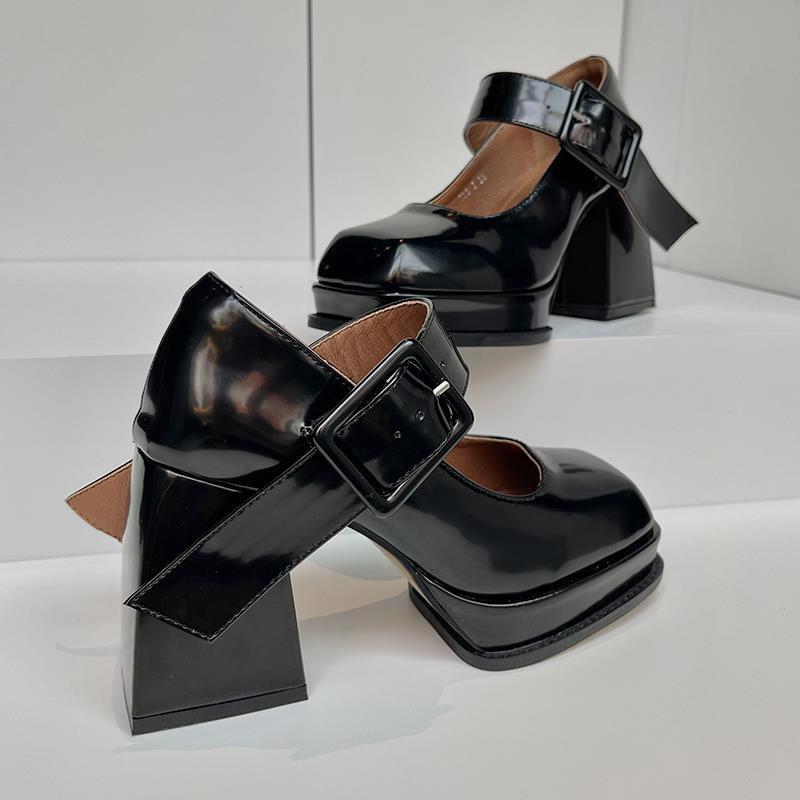 Platforma Jehlové podpatky Mary Janes Boty Boty Lakovaná kůže Robustní přezka se čtvercovou špičkou Goth Ženy Lodičky Boty na podpatku