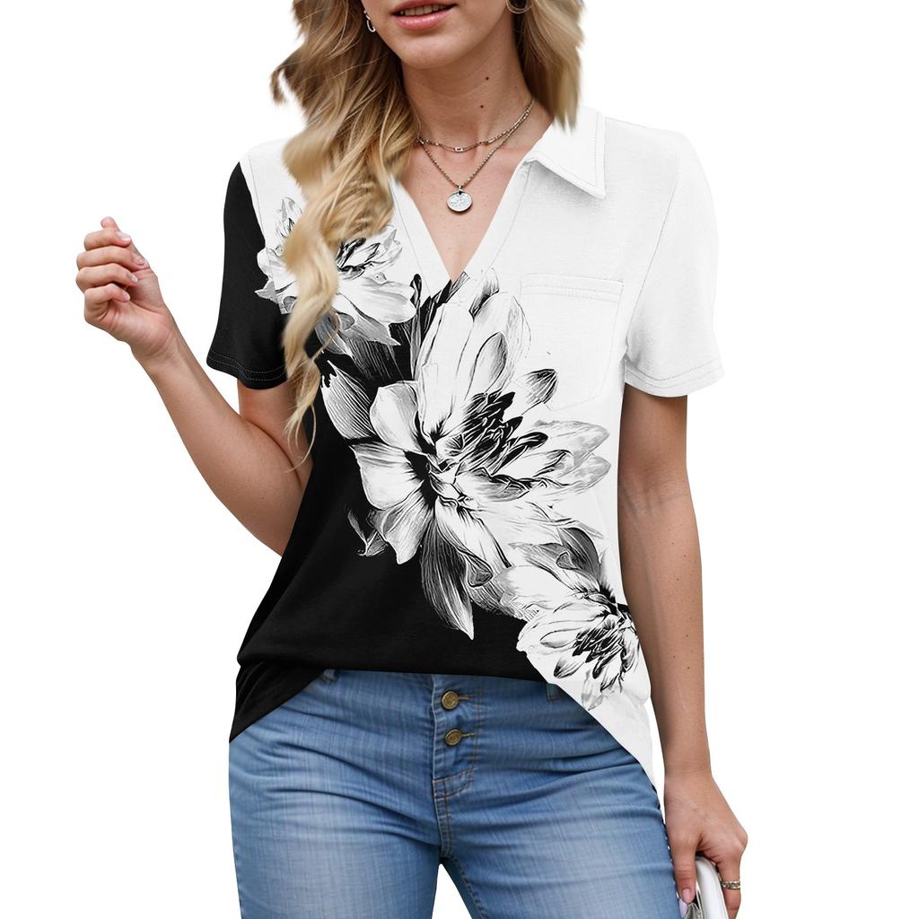 Damen Bluse Sommer Business Casual Arbeitstops Kurzarm Button-Down-Kragen V-Ausschnitt Bluse T-Shirt